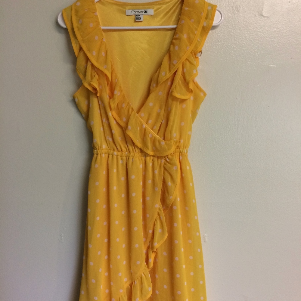 F21 Yellow polka dot wrap ruffle dress with belt